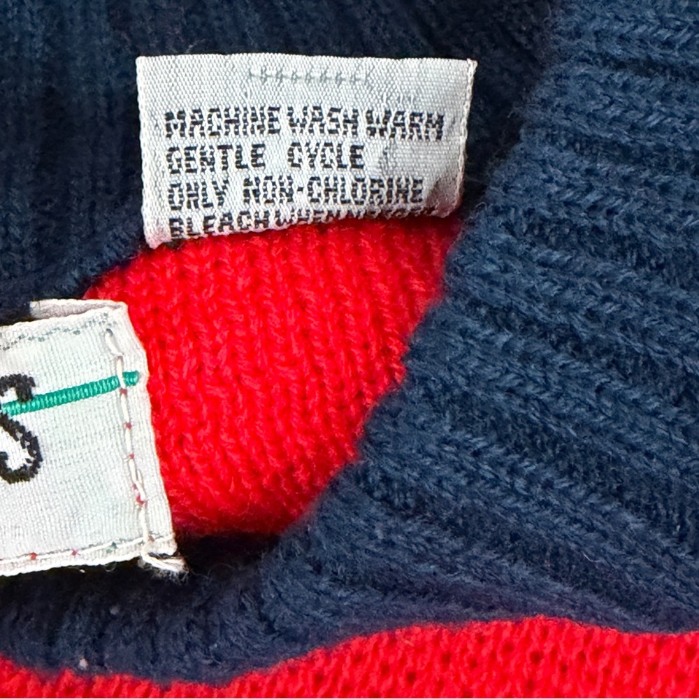 Vintage Mergers Sweater Men M Red Blue Acrylic Pullover Tight Knit 90s Crew Neck - Picture 5 of 7